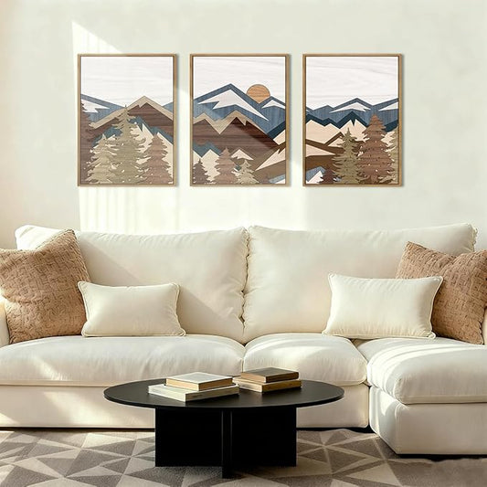 BINCUE Framed Mountain Wall Art Boho Landscape Wall Decor Mountain Artwork for Office Living Room Bedroom 12" Lx16 W Set of 3
