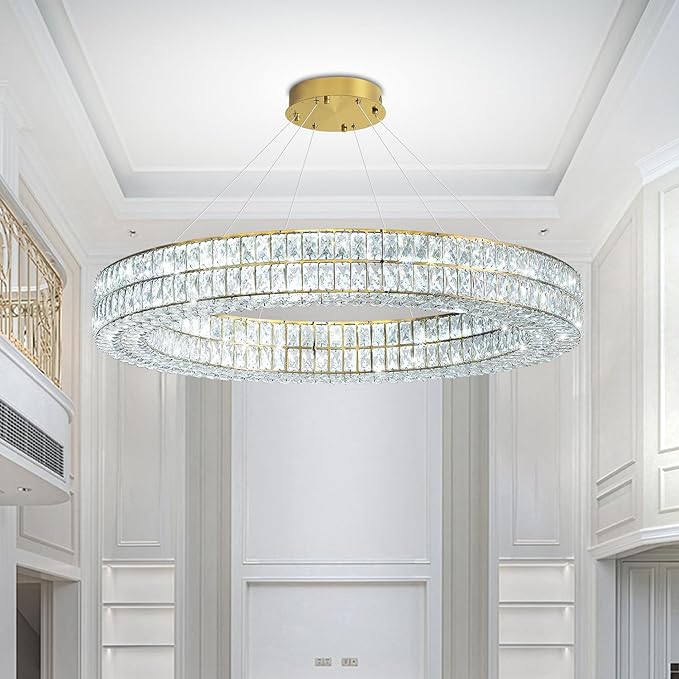 47.5 inch Large Ring Chandelier Gold Ring Pendant Light Round Crystal Chandelier for Dining Room Living Room Led Dimmable 2700k-6000k