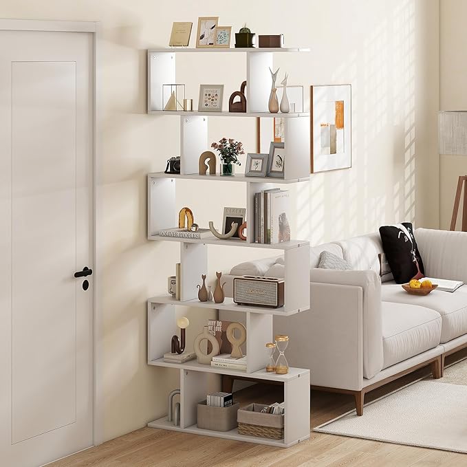 6 Tier Geometric Bookcase, S Shaped Bookshelf, Book Shelf Room Divider, Wood Freestanding Display Shelves, 75 Inch Staggered Bookshelf for Bedroom Living Room (1, White)