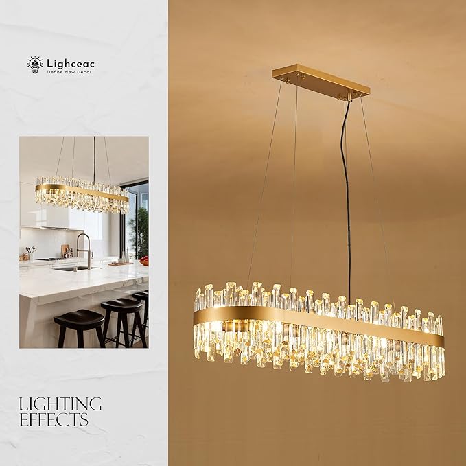 39" Modern Gold Rectangle Crystal Chandelier Light Fixtures for Kitchen Island Luxury Linear Crystal Chandeliers for Dining Room 16-Light Long Hanging Pendant Lighting for Entryway Foyer Bar