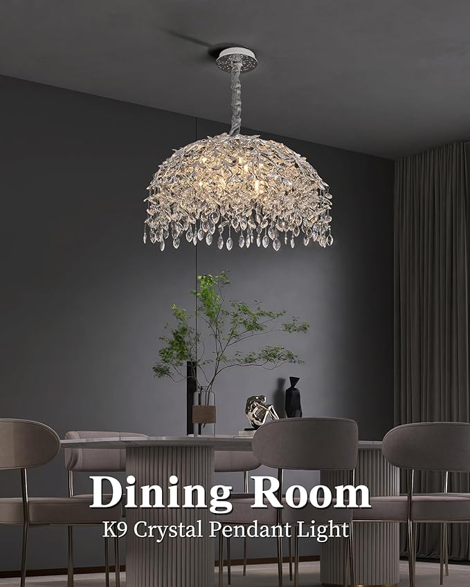 Modern Crystal Chandelier for Dining Room, 31.5" 10-Light Chrome Tree Branch Chandeliers, Luxury K9 Crystal Round Chandeliers for Kitchen Island Living Room