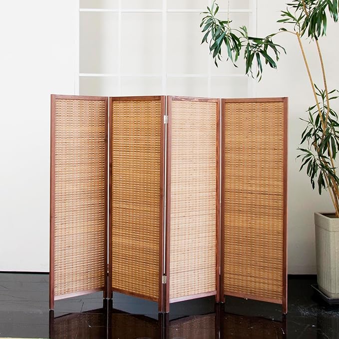 4 Panel Short Room Divider Folding Screen,47 inch Bamboo Panel Divider for Home Partition,Brown