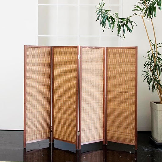 4 Panel Short Room Divider Folding Screen,47 inch Bamboo Panel Divider for Home Partition,Brown