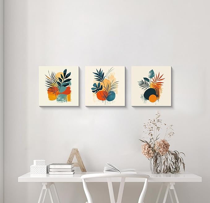 NAN Wind 3Pcs Tropical Leaf Wall Art Palm Frond and Foliage Canvas Print with Bold Orange Teal Yellow Shapes Mid-Century Modern Botanical Plant Pictures for Boho Living Room Bedroom Office Wall Decor
