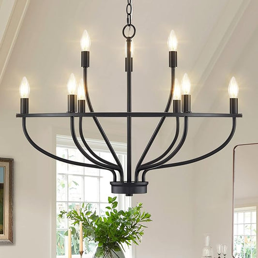 9-Light Black Chandelier Light Fixture Classic Candle Chandelier Lighting Over Table for Dining Room Living Room Bedroom Foyer Kitchen Island, 28.54in, E12
