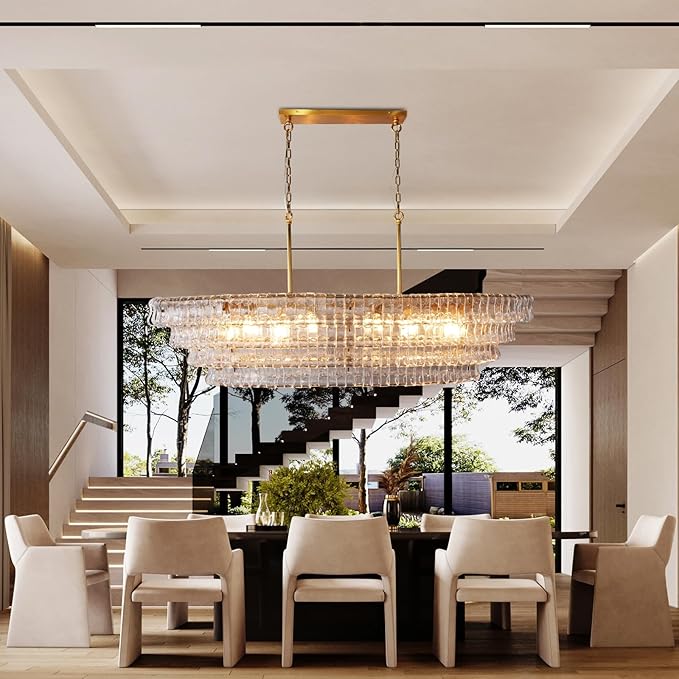 65 Inch Large Rectangular Gold Chandelier for Dining Room, Clear Glass Drum Modern Pendant Light Fixture, Extra Long Kitchen Island Lighting