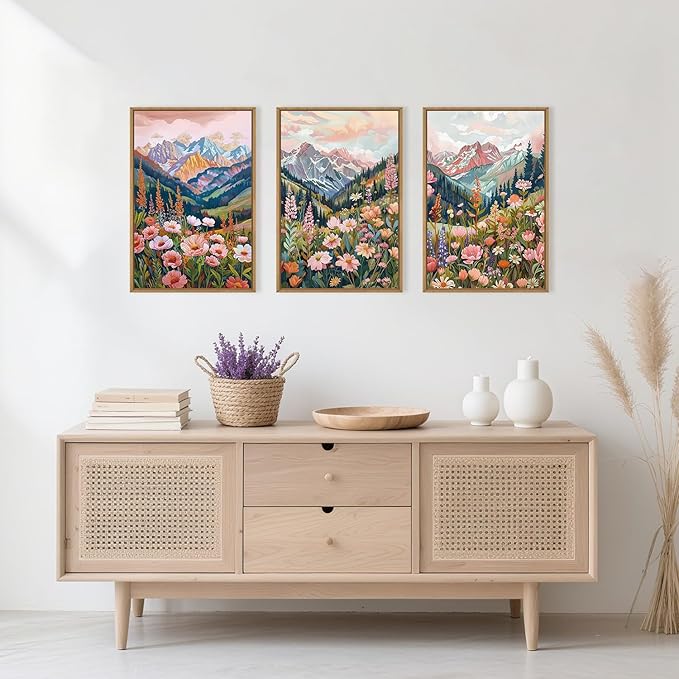 Large Colorful Floral Mountain Framed Canvas Wall Art,Natural Ridge Blossom Wall Decor, Boho Botanical Artwork, Modern Scenery Art Print for Living Room,Bedroom,Office- 24"x36"x3