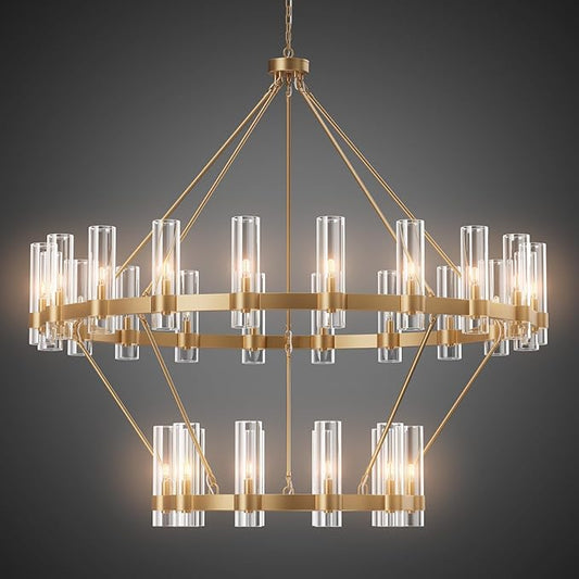 Large Wagon Wheel Chandelier, 30 Light Gold Round Chandelier with Glass Shade,60 Inch Round Industrial High Ceilings Pendant Lighting Fixture for Dining Living Room, Kitchen Island, Foyer