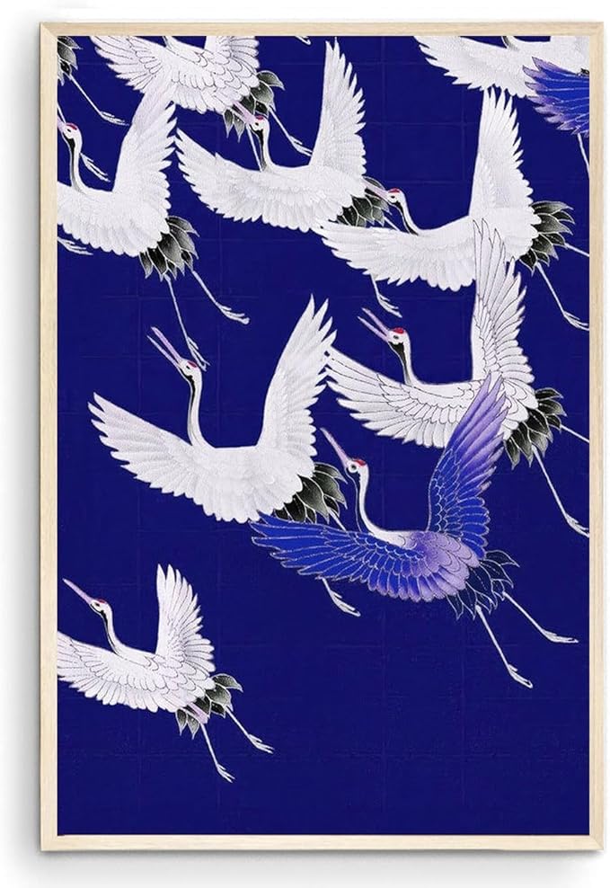OZCONO Japanese Flying Cranes Wall Art Print, Navy Blue and White, UV-Resistant Giclée Print, Unframed (36L x 24W)