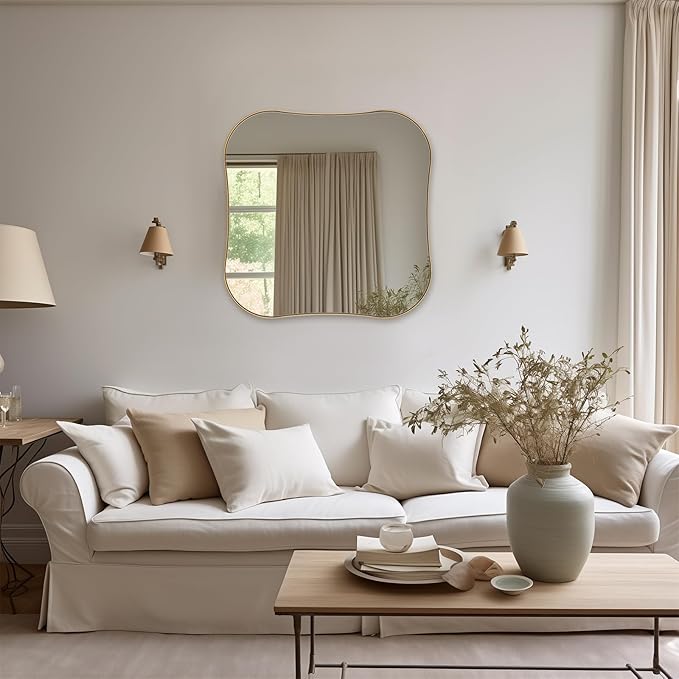 ANDY STAR Brushed Gold Square Bathroom Mirror, 30x30 Inch Contempoary Scalloped Brass Mirrors for Wall in 1 Inch Unique Concave Wavy Stainless Steel Metal Design Ideal for Home Decor Wall Mounted