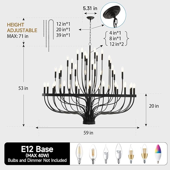 60" Extra Large Chandelier, 48-Light Black Foyer Chandeliers for High Ceilings, Modern Farmhouse Light Fixtures for Dining Room Kitchen Island, E12 Vintage Rustic Industrial Candle Chandeliers