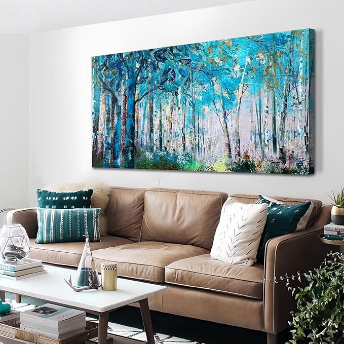 Ardemy Blue Wall Art Tree Canvas Art Forest Landscape Large Wall Decor Living Room Picture Modern Nature Teal Abstract Textured Painting Artwork for Home Office Bedroom, 48"x24"