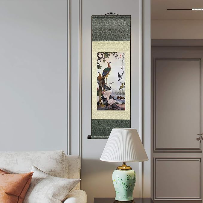 AtfArt Asian Wall Decor Beautiful Silk Scroll Painting Birds - Wulun Diagram Oriental Decor Chinese Art Wall Scroll Wall Hanging Painting Scroll (36.2 x 12 in)