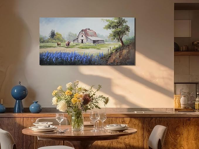 Arjun Farmhouse Canvas Wall Art Farm Highland Cow Landscape Picture Rustic Countryside Barn Painting Village Nature Artwork Large 40"x20" Framed for Living Room Bedroom Bathroom Home Office Wall Decor