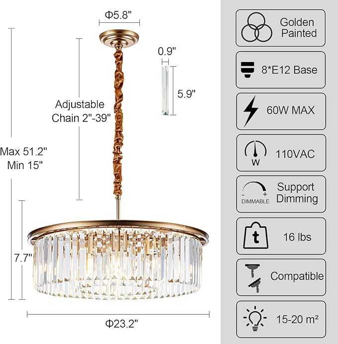 23" 8-Light Modern Crystal Chandelier Light Fixtures 2 Rings Gold Luxury Chandeliers for Dining Room Round Hanging Pendant Lighting for Living Room Kitchen Entryway Bedroom