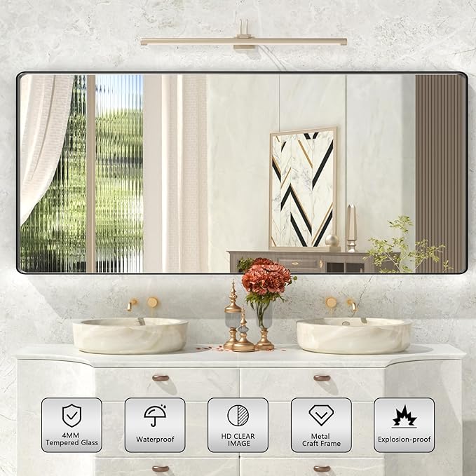 Matte Black Bathroom Mirror,72x32 Inch Large Black Metal Frame Vanity Mirror,Round Corner Black Rectangle Mirror for Wall,Tempered Glass,Anti-Rust(Horizontal/Vertical)