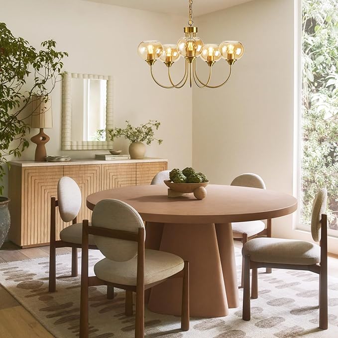 Mid Century Modern Globe Chandelier 5 Light Amber Glass Vintage Sputnik Chandeliers Gold Pendant Light Fixtures for Dining Room Kitchen Living Room Bedroom
