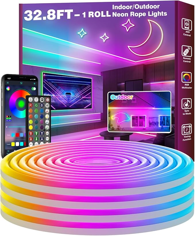 32.8Ft Led Rope Lights, Flexible Neon Lights Control with App/Remote, Multiple Modes, IP65 Outdoor RGB Waterproof, Music Sync Gaming Light Strip for Bedroom Decor