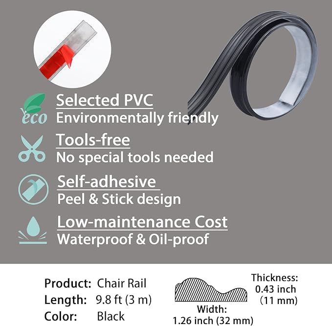 Black Molding Trim Chair Rail Panel Moulding | Peel and Stick Self-Adhesive Design | DIY Home Decor on The Cabinet Door Mirror Frame, 9.8 ft x 1.3 in