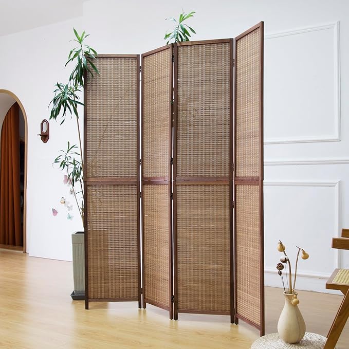 4 Panel Bamboo Room Divider and Folding Screen Divider,Two in One Detachable and Foldable Panel Divider for Room Separation,Brown,67" H x 61.4" W