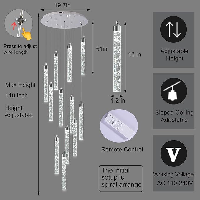 12-Lights High Ceiling Crystal Staircase Chandelier Chrome, Modern Spiral Raindrop Dimmable LED Bubble Cluster Ceiling Hanging Lighting Fixture for Foyer Living Room Entrance Remote Control