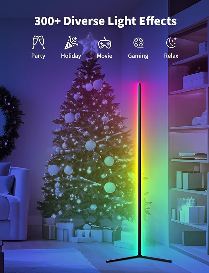 LED RGB Corner Floor Lamp, 159cm RGB-IC Smart Led Light Bar for Living Room, 16 Million Colors, Music Sync and Dimmer Corner Lighting