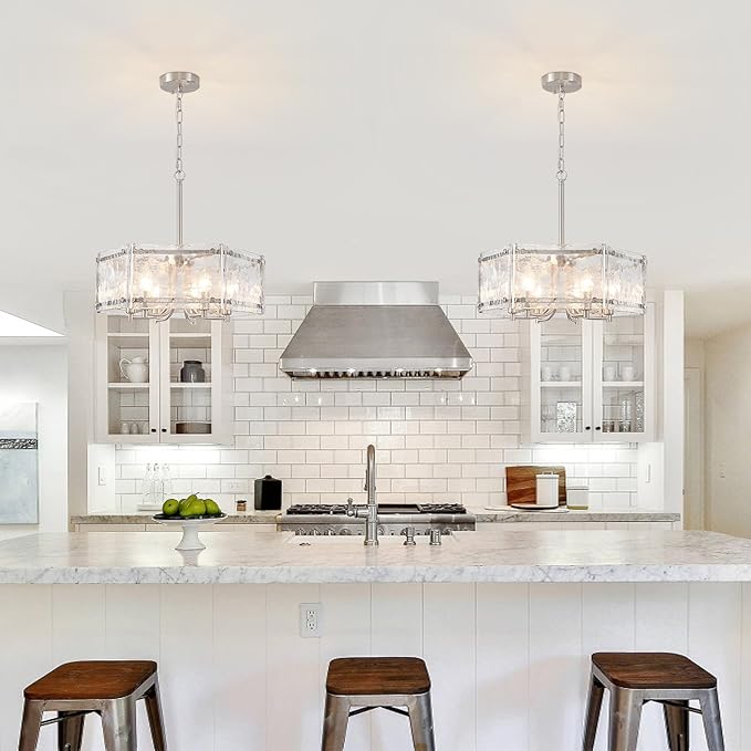 Modern Textured Glass Chandelier,18.7" Luxury Crystal Drum Brushed Nickel Chandeliers, Farmhouse Hexagon Hanging Light Fixture for Dining Room Kitchen Living Room Hallway Bedroom