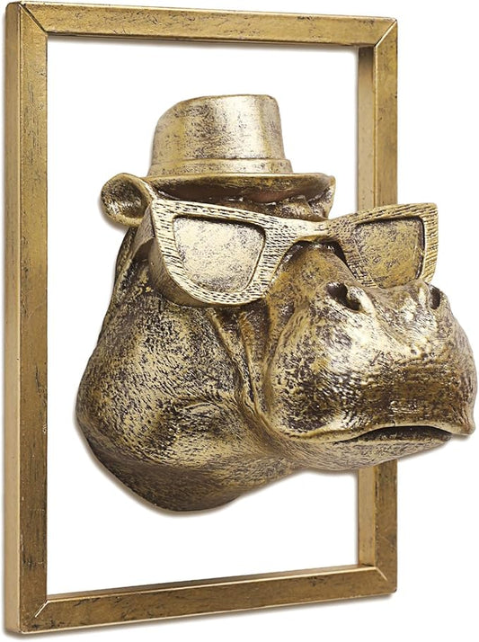 JJALIGHTS Exquisite Resin Animal Head Wall Sculpture (Gift Metal Frame) - Imitation Copper Vintage Decor for Living Room, Bedroom & Office | Decorative Wall Hanging Art(Hippo)