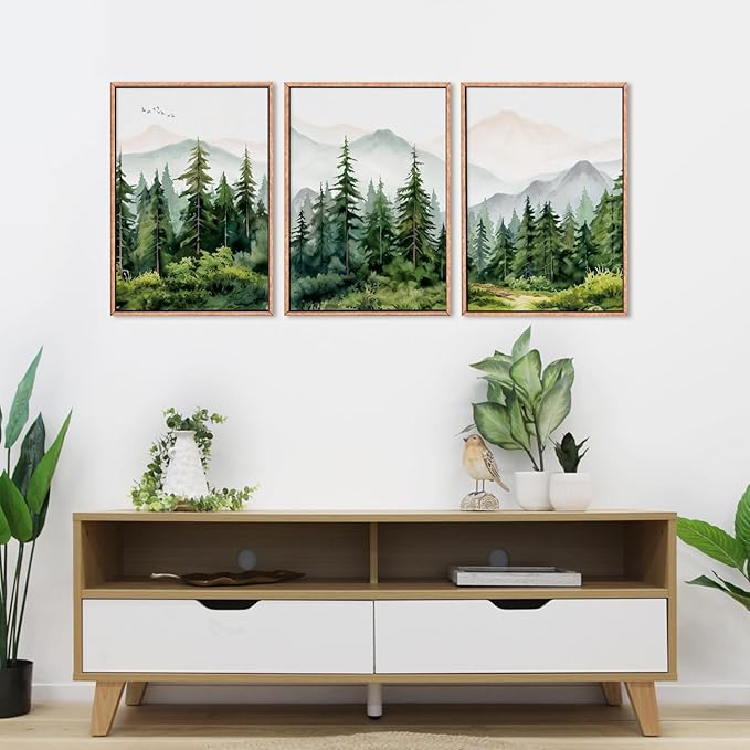 Ausril Watercolor Mountain Range Framed Canvas Wall Art Set, Green Forest Tree Wall Decor, Woodland Nursery Wall Painting, Modern Wilderness Art Print for Living Room, Bedroom, Office 24"x36"x3