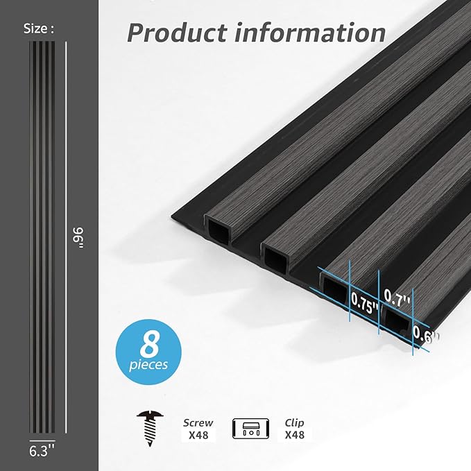 Art3d 8-Pack WPC Wood Slat Wall Panel for Interior Wall Décor, 3D Wood Fluted Acoustic Wall Paneling for Living Room Bedroom Home & Office Accent Wall Decor - 96 x 6 Inch Grey