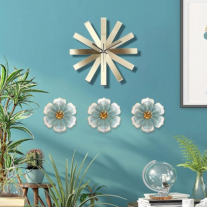 Metal Flower Wall Art Decor, 9.5”Rustic Modern Floral Sculpture, Distressed Iron Wall Hanging Home Decoration Accent Artworks for Indoor Kitchen Bedroom Living Office Outdoor Garden Patio-06 Blue Gold