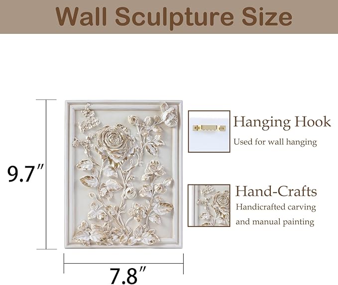 Kangce Vintage Wall Sculptures,Antique Wall Art with Hand-Carved Rose Pattern, Victorian Home Decor,for Living Room, Bedroom,Hallway Gallery,Rectangular,Off-White and Gold