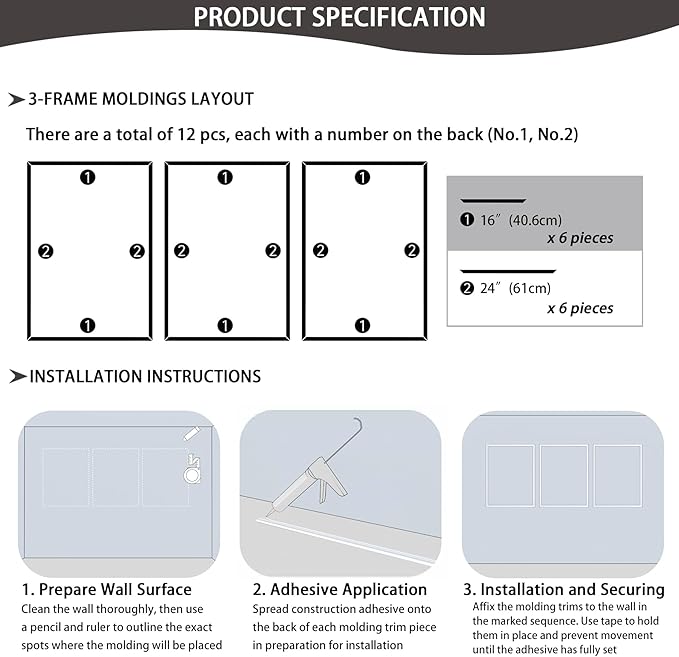 3-Frame 16" x 24" Premade Accent Wall Molding Kit, Ready-to-Assemble Wainscoting Panels, Pre-Cut Chair Rail Moulding Trim Picture Frame for Home Décor