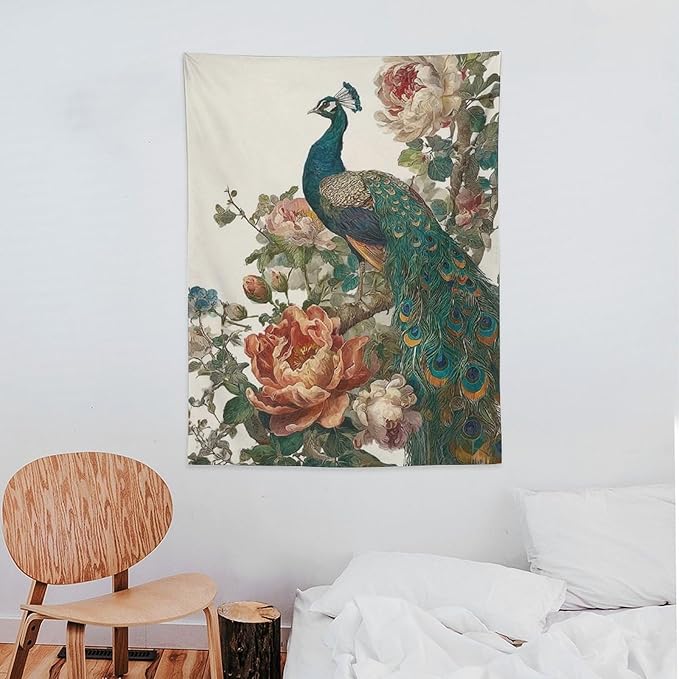 UUKXKUU Peacock Oriental Retro Blooming Flowers Tree Tapestry Flag Backdrop Wall Hanging Large Wall Art Decor for Dorm Office Bedroom Living Room 30"×40"