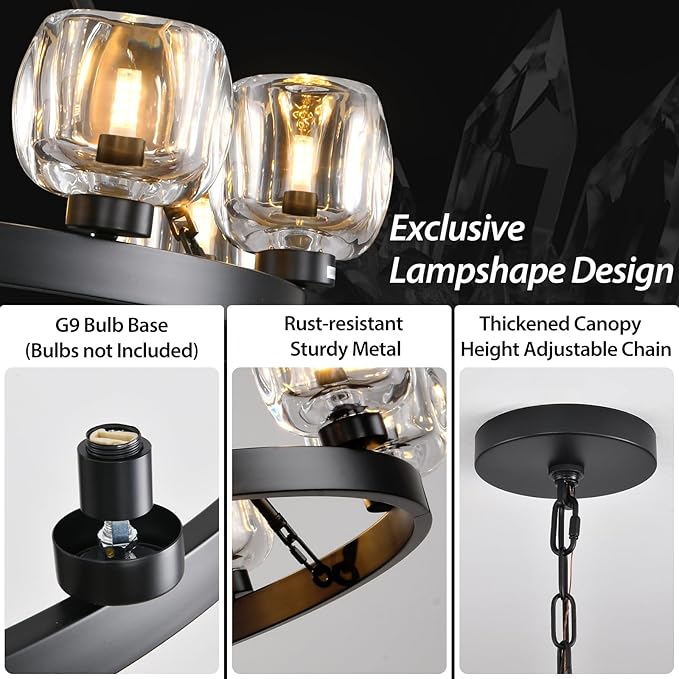 Black Wagon Wheel Chandelier, 36 Inch Black Chandeliers with Unique Glass Shade, 9-Light Crystal Farmhouse Wagon Wheel Chandeliers for Dining Room, Round Chandelier for Living Room, Foyer, Entryway