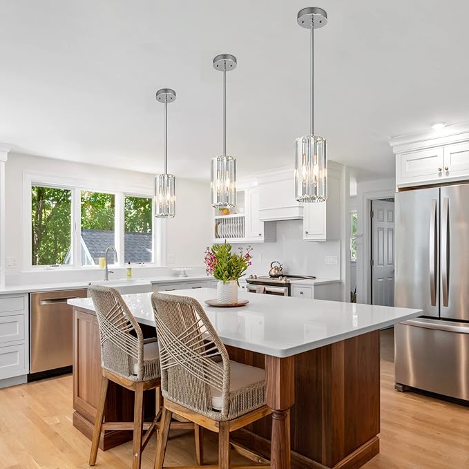 Chrome Pendant Lighting Modern Pendant Light Mini Crystal Chandeliers Adjustable Pendant Light Fixture for Kitchen Island Dinning Room Corridor Bedroom(Chorme 3-Pack)