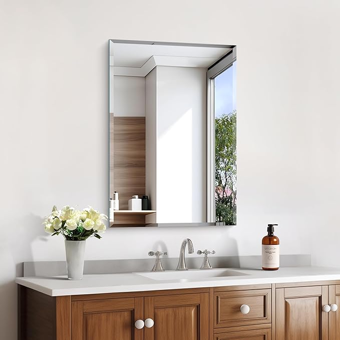 KOCUUY Frameless Bathroom Mirror, 16x24 Inch Beveled Mirror for Over Sink, Upgraded Shatterproof Unframed Design with Beveled Edge Mirror for Bathroom, Bedroom, Entryway, Hang Horizontal/Vertical