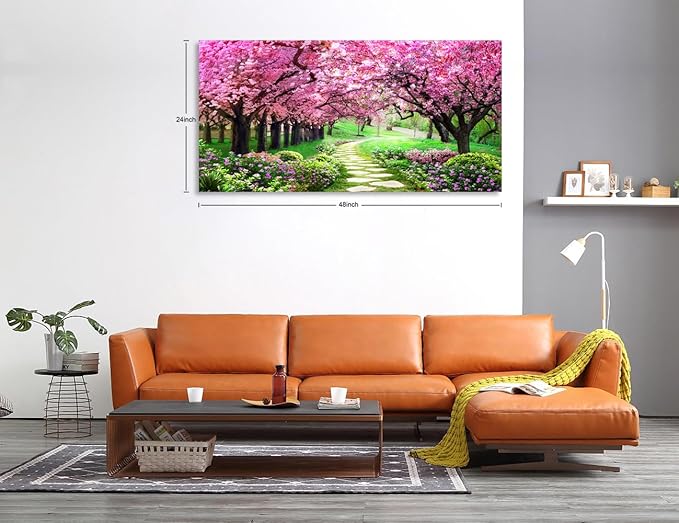 Aibonnly Canvas Wall Art Painting Pink Cherry Blossoms 1 Piece Park Tree Forest Wallpaper Spring landscape Picture Poster Print Framed and Stretched Ready to Hang for Living Room Bedroom Artwork