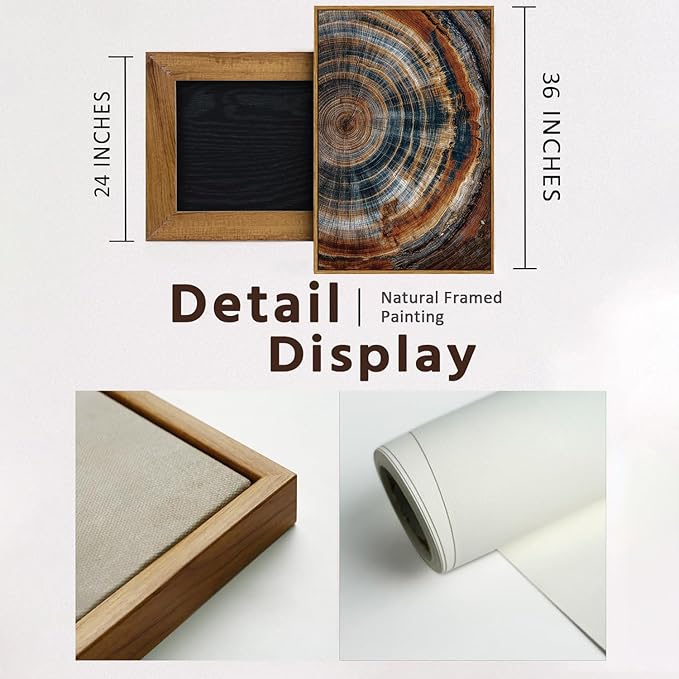 BingruiArt Large Framed Tree Ring Wall Art Wood Canvas Colorful Boho Wall Decor Rustic Artwork Abstract Painting Farmhouse Picture Nature Print for Living Room Bedroom Bathroom 24"x36" Natural Framed(04)