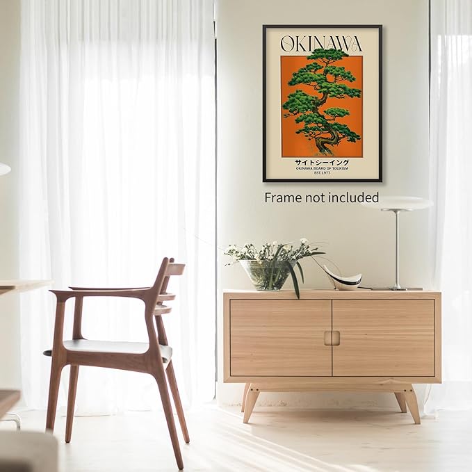 Japanese Canvas Wall Art Orange Okinawa Prints Retro Japanese Bonsai Tree Picture Modern Ukiyo-e Decor Poster for Asian Living Room Bedroom Dorm Bathroom 8x10 inch Unframed