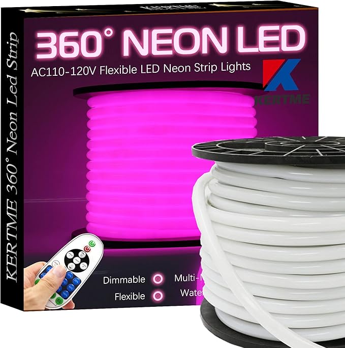 360° Neon Led Type AC 110-120V 360 Degree NEON LED Light Strip, Flexible/Waterproof/Dimmable/Multi-Modes LED Rope Light + Remote for Home/Garden/Building Decor (98.4ft/30m, Pink)