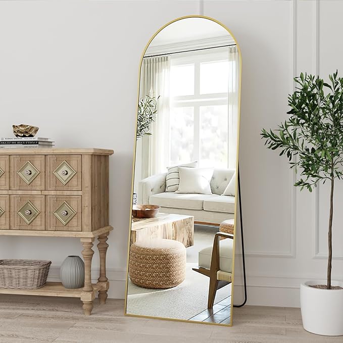 Arched Gold Full Length Mirror, 58"X18" Large Floor Mirrors with Stand for Leaning or Hanging, Full Body Mirrors for Living Room,Bedroom, Dressing Room, Aluminum Alloy Frame, Gold