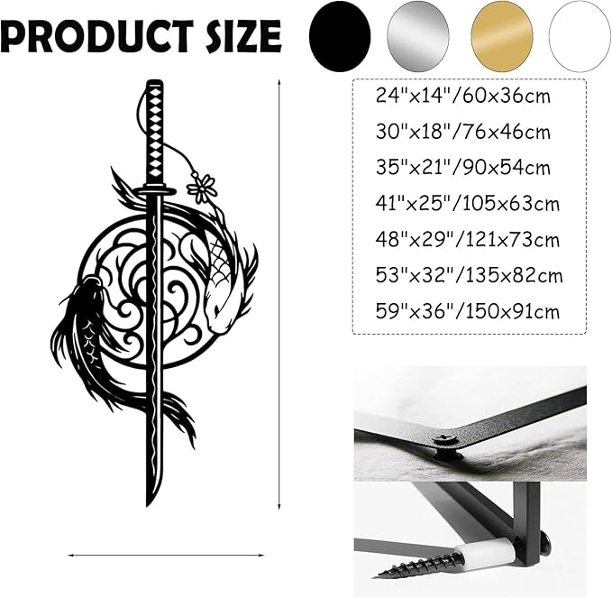 Metal Koi Fish Katana Wall Decor, Koi Fish Metal Wall Decor, Japanese Katana Wall Art, Fishes Decoration, Feng Shui Wall Art, Sword Wall Hanging, Living Room Wall Hanging (Gold, 48"x23"/121x59cm)