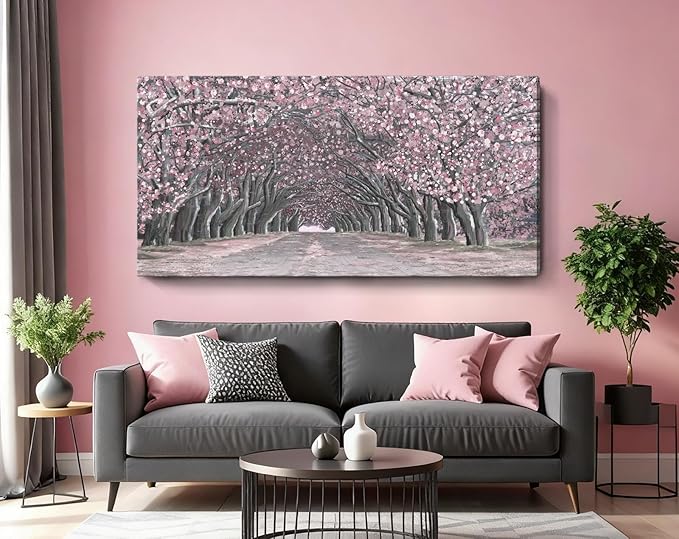 Nicetop Oversized Wall Art for Living Room – Pink Abstract Cherry Blossom Tree Tunnel Canvas Print Extra Large Romantic Spring Landscape Artwork Forest Picture Bedroom Girls Women Room Decor 58x29Inch