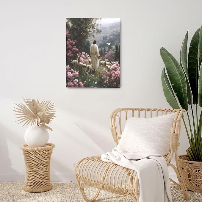 Jesus Wall Art Christian Jesus Lamb Wall Decor Religious God Canvas Painting Pictures Print Christ Decorations for Living Room Bedroom Church Framed Gifts 16”X20”