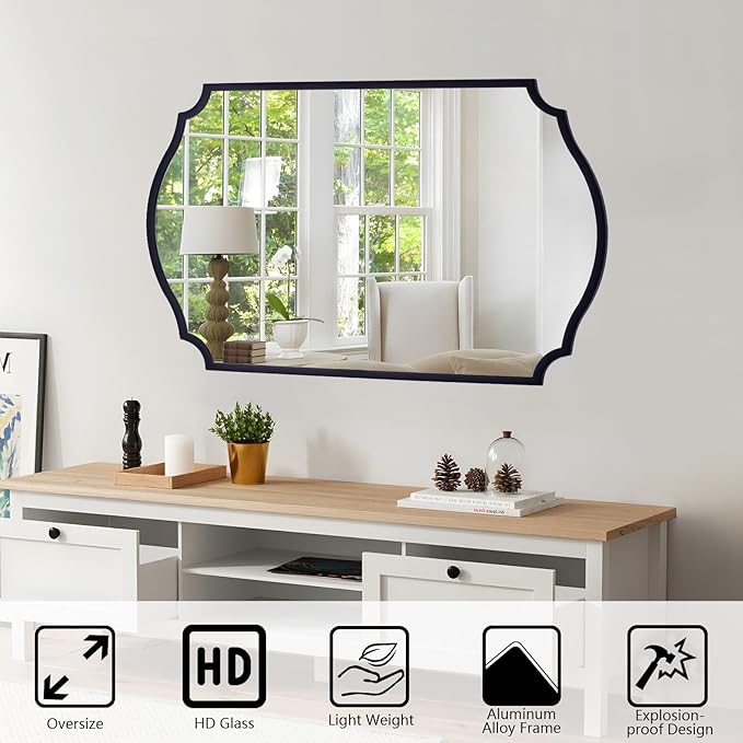 Chende Black Decorative Mirror, 32'' X 24'' Bathroom Mirror for Vanity Sink with Elegant Metal Frame, Modern Scalloped Mirror for Living Room, Mantel, Entryway, Dining Room