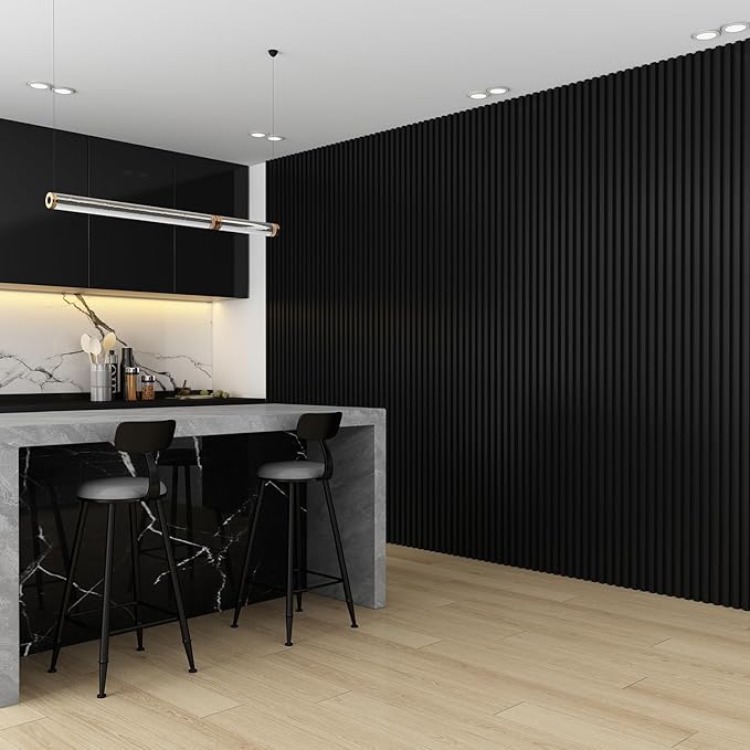 8-Pack WPC Wall Panels 118’’ x 6.1’’ 3D Slat Wall Panel Acoustic Wall Paneling for Interior Wall Decor TV Background Kitchen Bedroom Black