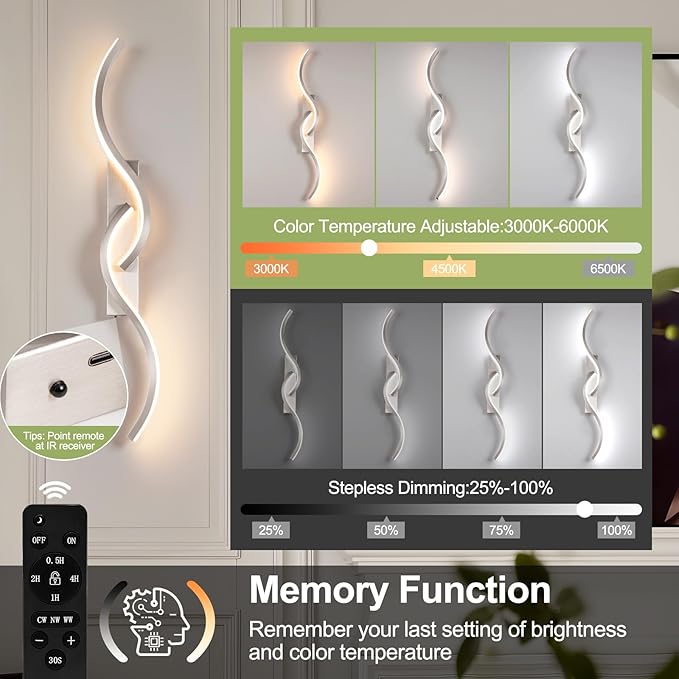 Modern Battery Operated Wall Sconces, Rechargeable Wall Sconces, 3000K-6500K LED Wireless Wall Light, Modern Wall Lamp not Hardwired for Living Room Bedroom Hallway (Nickel)