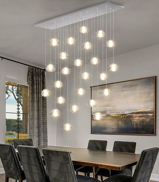 24-Lights Modern Rectangular Crystal Chandelier LED Raindrop Ceiling Pendant Light Crystal Lighting Fixture for Living Room Hotel Staircase Hallway Foyer Entryway Bedroom Silver