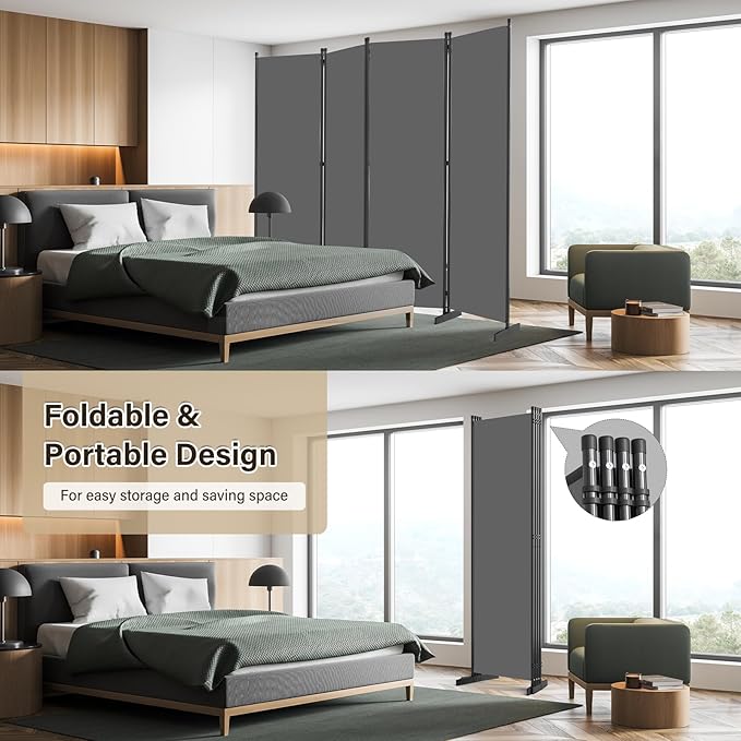 AKTOP Room Divider 4 Panel, 80" W Portable Wall Divider for Room Separation, Freestanding Partition Room Dividers, Folding Room Separators Privacy Screens for Home Office Bedroom, Grey